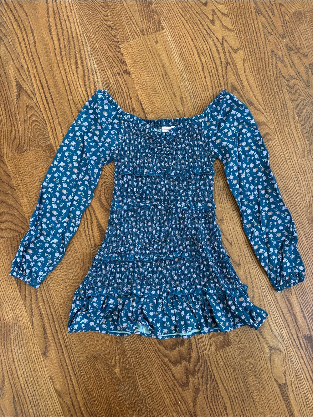 Design History Teal Blue Floral Smocked Long-Sleeve Dress
